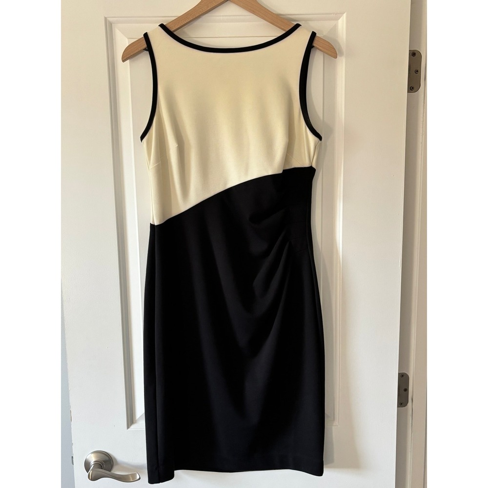 Chaps Sheath Dress Womens 8 Cream Black Colorblock Ruched Sleeveless